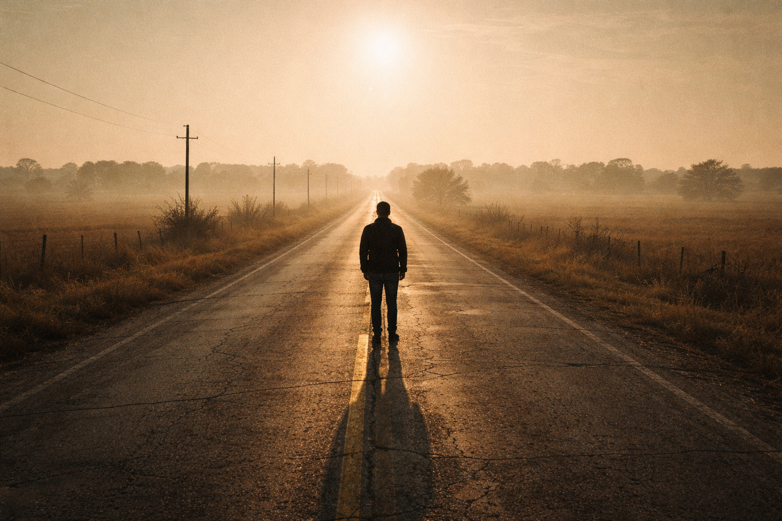 A solitary figure on a long road bathed in golden afternoon light, looking toward the horizon.